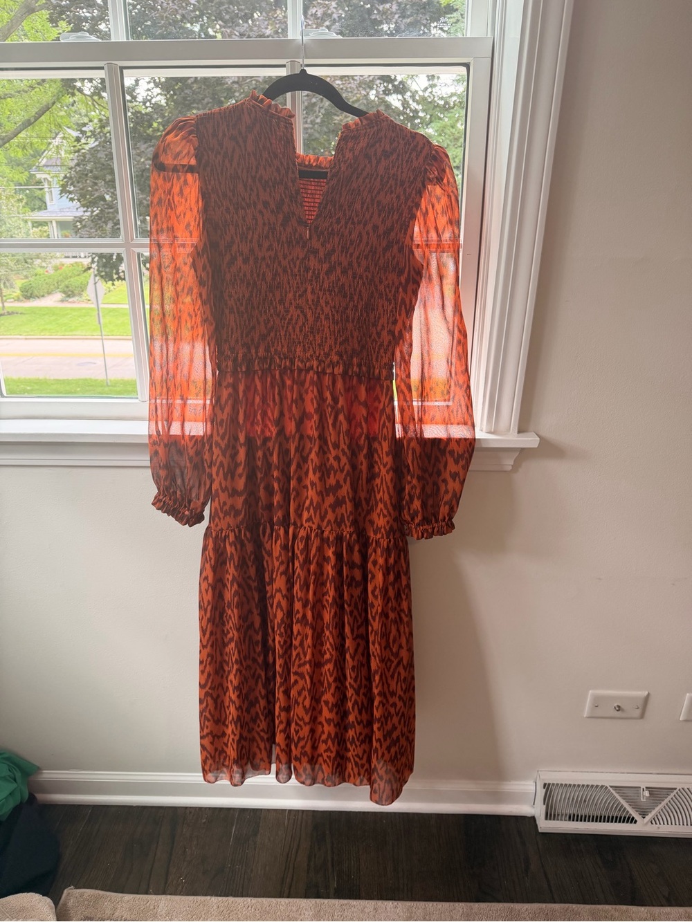 Wilfred Burnt Orange Printed Sheer Tiered Midi Dress